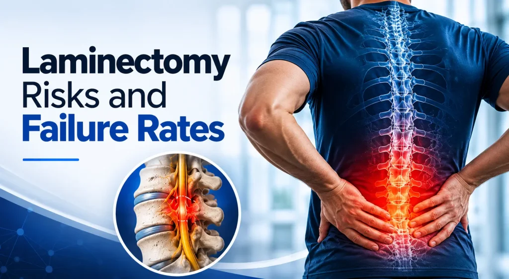 Image of a person with a highlighted spine holding their lower back, with text "Laminectomy Risks and Failure Rates.