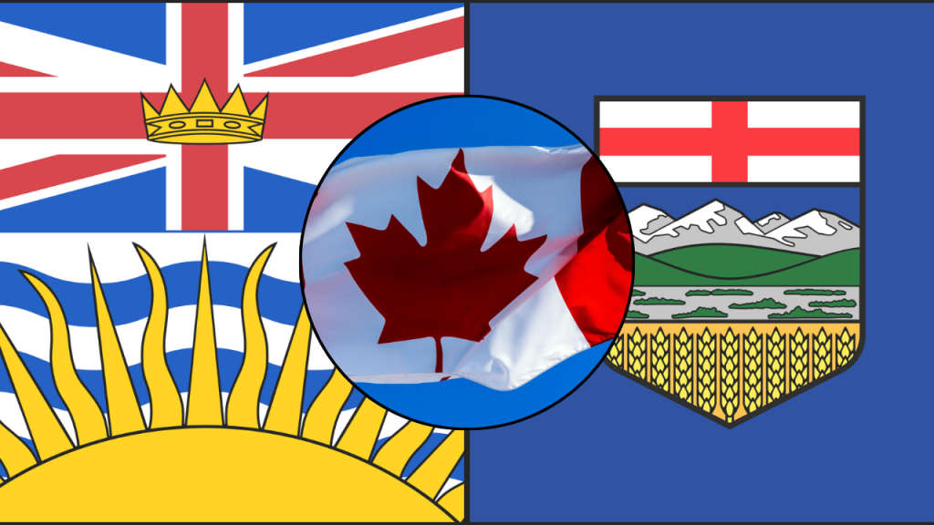 Two provincial flags alongside a central Canadian flag.