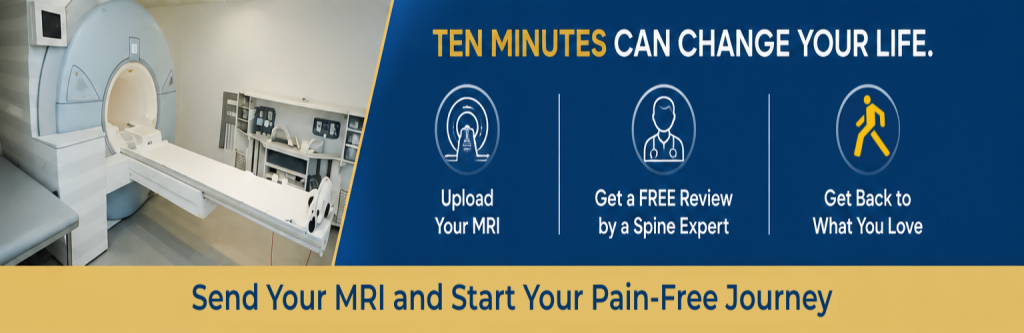 MRI machine with text promoting quick MRI review and spine expert consultation.