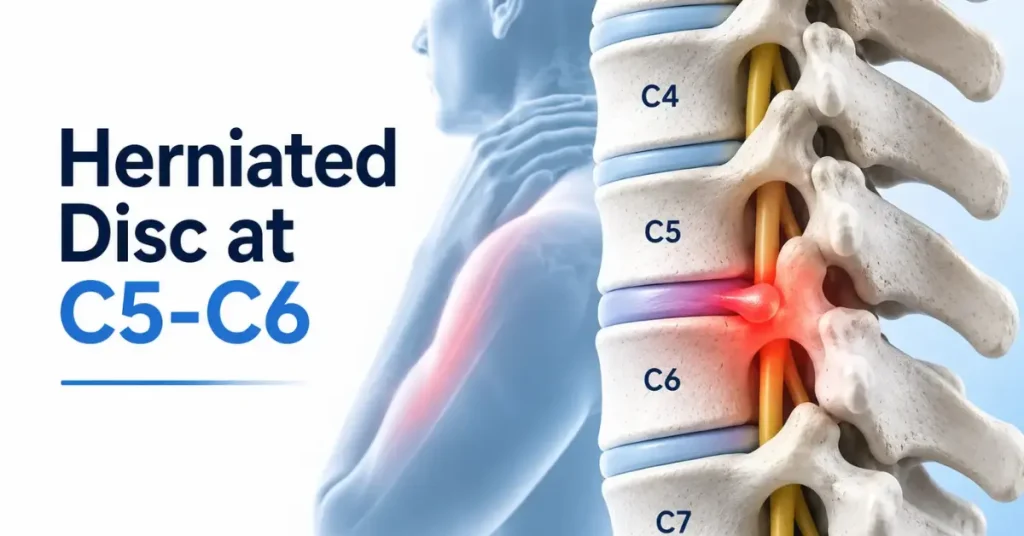 Illustration of a herniated disc at C5-C6 with highlighted pain area.