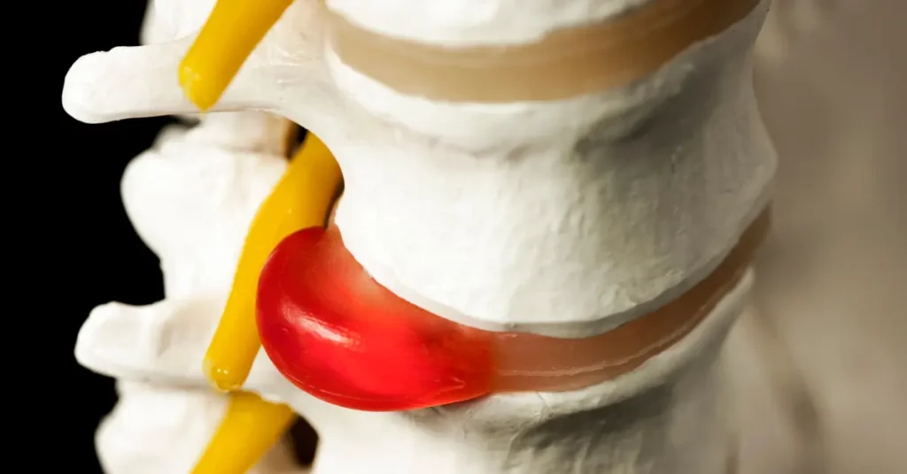A model of a spinal disc herniation, showing a red disc bulging between white vertebrae.