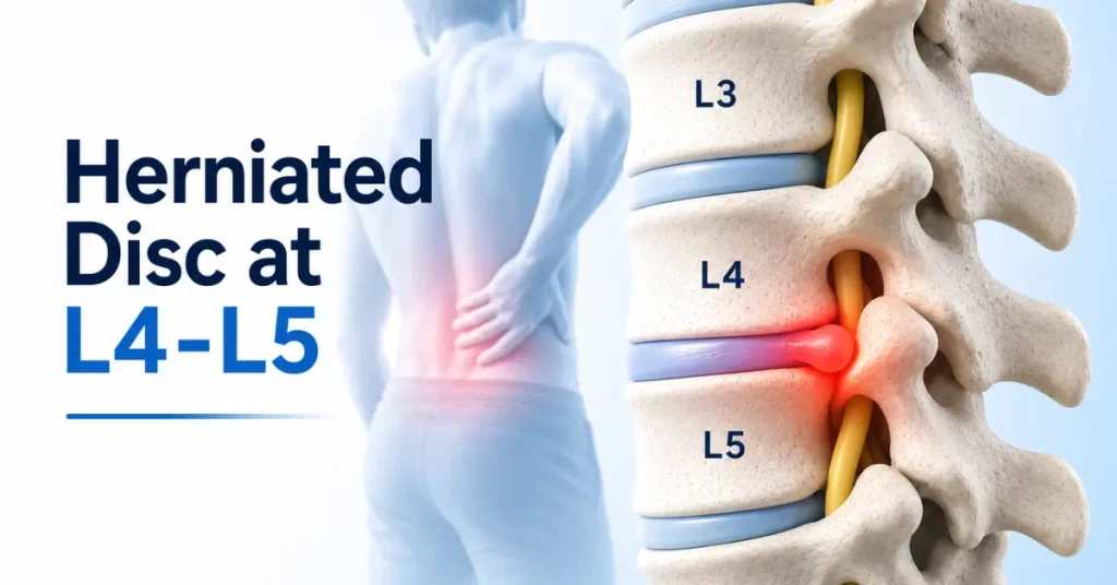 Illustration of herniated disc at L4-L5 with person holding lower back in pain.