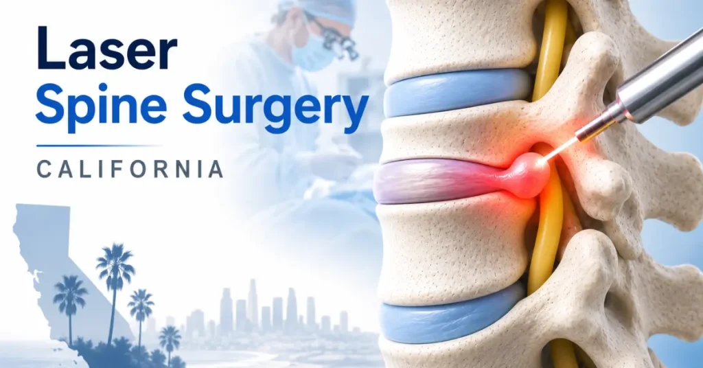Illustration of laser spine surgery with a highlighted herniated disc and text "Laser Spine Surgery California.