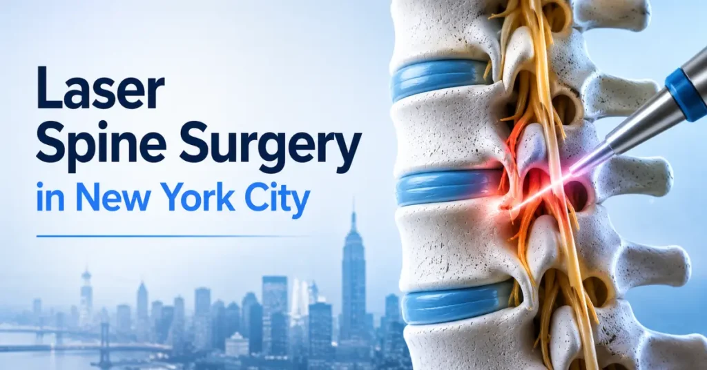 Illustration of laser spine surgery with New York City skyline in the background.