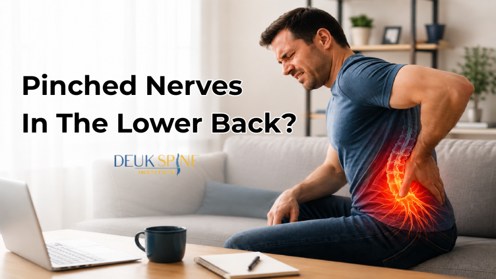 Man on a sofa clutching his lower back in pain with text about pinched nerves.