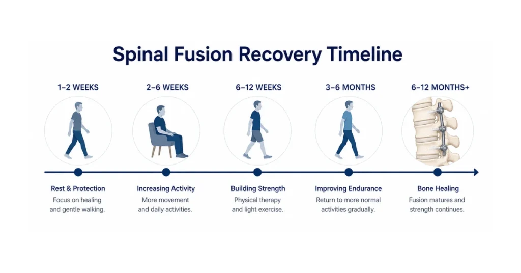 Spinal fusion recovery timeline showing stages from rest to bone healing over 6-12 months.