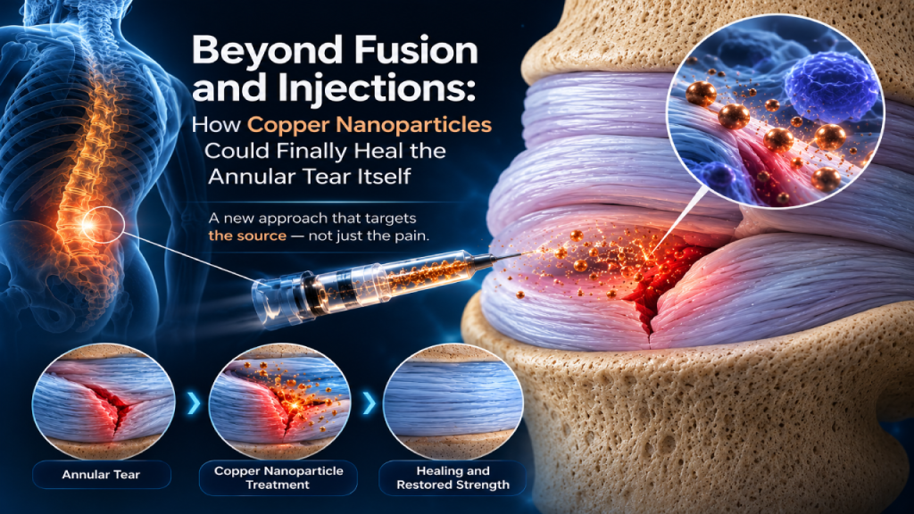 Illustration of copper nanoparticles potentially healing an annular tear in the spine with explanatory text.