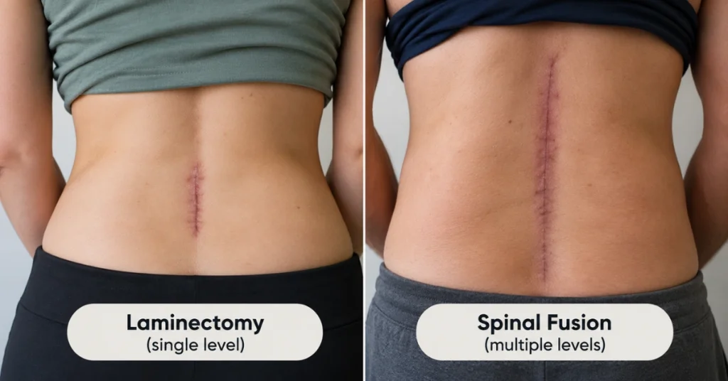 Comparison of a shorter single-level laminectomy scar and a longer multilevel spinal fusion scar on the lower back.