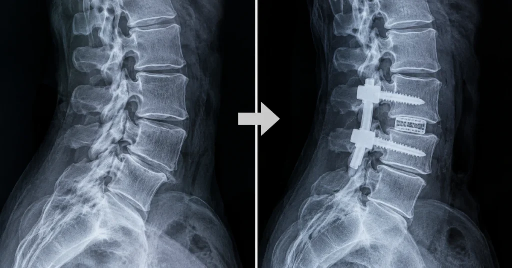 Side-by-side lumbar spine X-rays showing the lower back before spinal fusion and after surgery with implanted screws, rods, and an interbody spacer.
