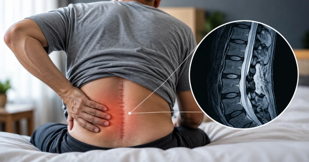 Patient experiencing lower back pain around a spinal surgery scar, with an inset lumbar MRI showing the spine after surgery.
