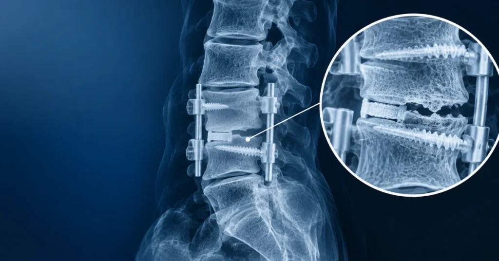 Lumbar spine X-ray showing spinal fusion rods and screws with a magnified view of the fusion site, illustrating pseudarthrosis, or failed bone fusion, after spinal surgery.