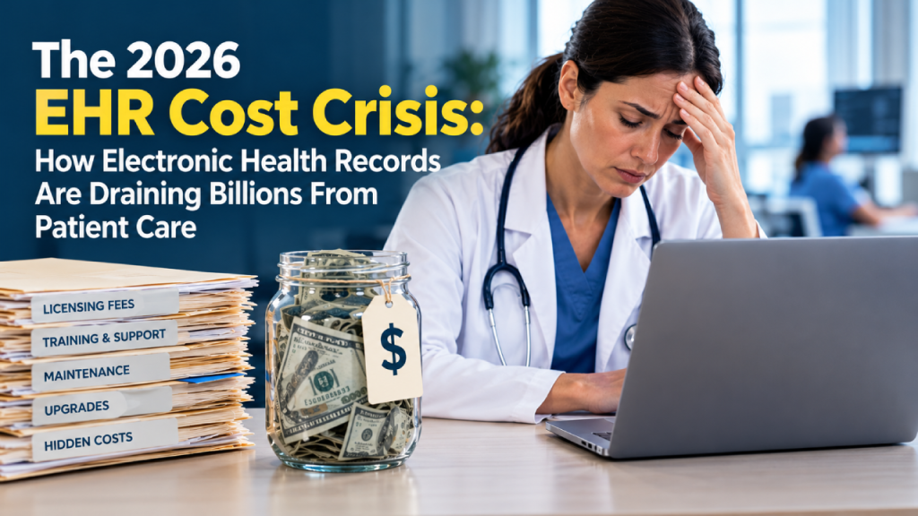 A stressed doctor at a laptop, with text about EHR costs, a jar of money, and a stack of labeled files.