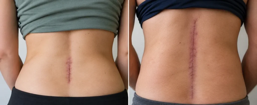 Comparison of a shorter single-level laminectomy scar and a longer multilevel spinal fusion scar on the lower back.
