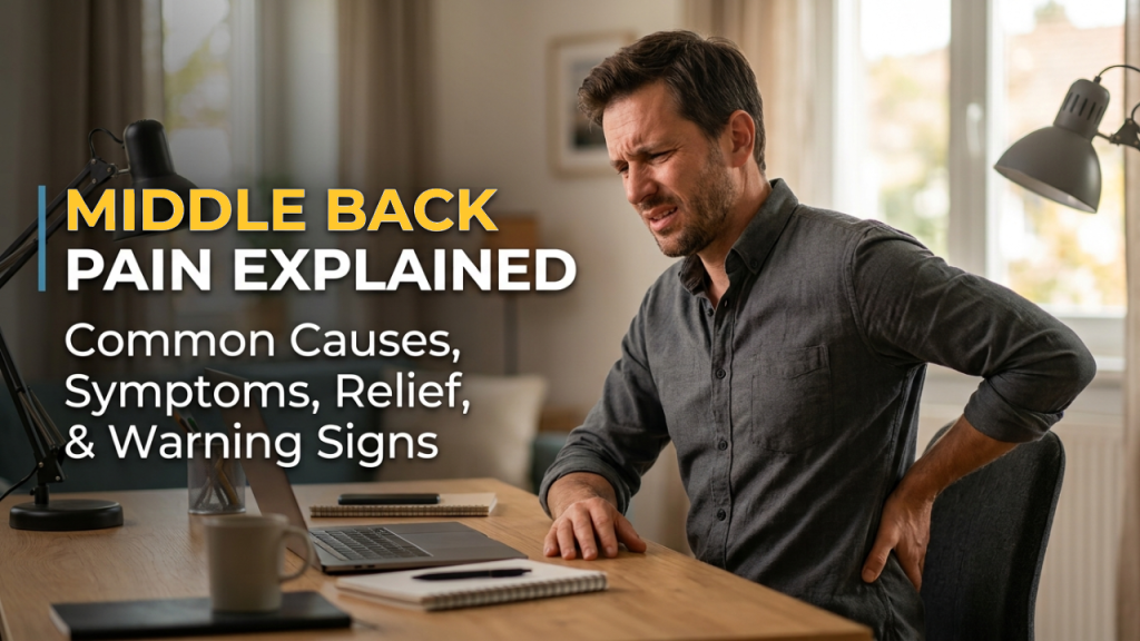 Man holding his back in pain next to text about middle back pain causes and solutions.