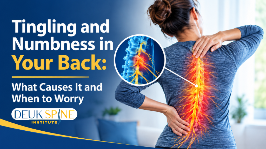 Woman holding her back with highlighted spine and nerves, accompanying text on tingling and numbness.