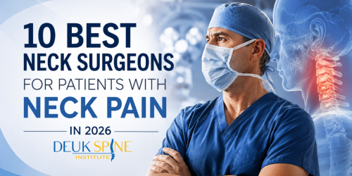 Surgeon in scrubs with mask, overlaid text about top neck surgeons for neck pain in 2026, with Deuk Spine Institute logo.