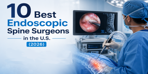 Surgeon performs endoscopic spine procedure with a monitor displaying images, text highlights top surgeons in 2026 U.S.