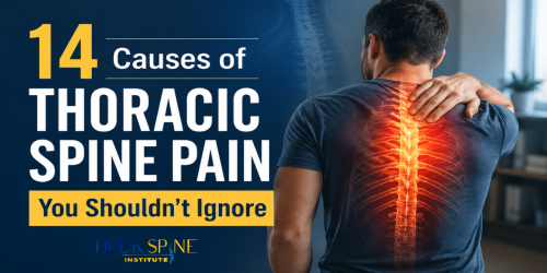 Man holding shoulder with highlighted thoracic spine, text: "14 Causes of Thoracic Spine Pain You Shouldn't Ignore.