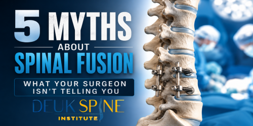 Text reads "5 Myths About Spinal Fusion" next to a spine model with surgical background.