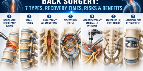 Illustration comparing seven types of back surgery with accompanying images and procedures.