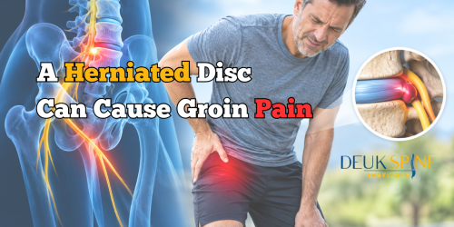 Illustration and text about herniated discs causing groin pain, with man holding his hip.