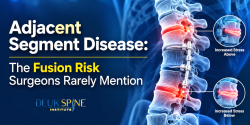 Diagram of a spine with highlighted stress points and text about adjacent segment disease risks.