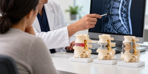 Spine specialist reviewing a lumbar MRI with a patient alongside models illustrating different surgical options and alternatives to spinal fusion.