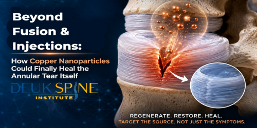 Graphic showing copper nanoparticles healing an annular tear, accompanied by text on spine treatment.
