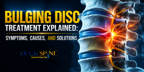 Illustration of a bulging disc pressing on nerves with text about treatment, symptoms, causes, and solutions.