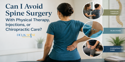 Woman with back pain and text about avoiding spine surgery through physical therapy, injections, or chiropractic care.