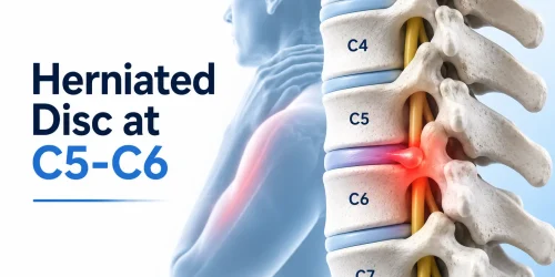 Illustration of herniated disc at C5-C6 with highlighted vertebrae and person holding neck in discomfort.