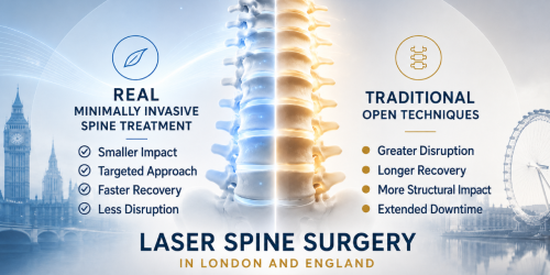 Illustration comparing minimally invasive and traditional spine treatments with London landmarks in the background.