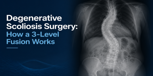 X-ray of a spine with scoliosis next to the text "Degenerative Scoliosis Surgery: How a 3-Level Fusion Works.