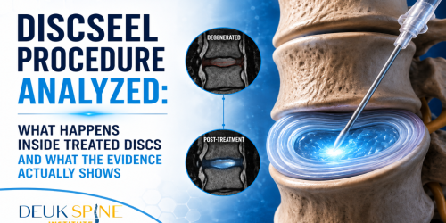 Illustration of the Discseel procedure with MRI images showing disc degeneration and post-treatment results.