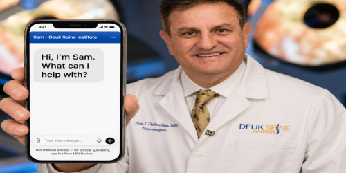 Doctor in a lab coat holds a phone showing a chat message from Sam offering help.