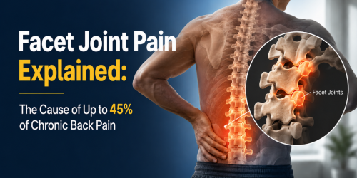 Person holding back with highlighted spine and facet joints, text reads "Facet Joint Pain Explained: The Cause of Up to 45% of Chronic Back Pain.