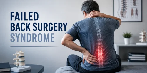 Failed back surgery syndrome graphic showing a man experiencing persistent neck and lower back pain after spinal surgery.