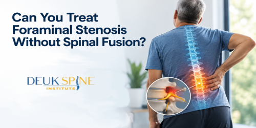 Man with highlighted spine and lower back pain next to text about foraminal stenosis treatment options.