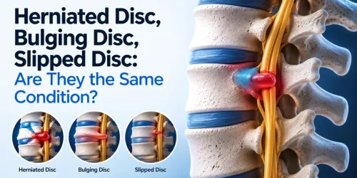 Illustration of herniated, bulging, and slipped discs in a spine with text questioning if they are the same condition.
