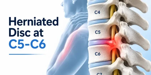 Illustration of a herniated disc at C5-C6 with highlighted pain area.