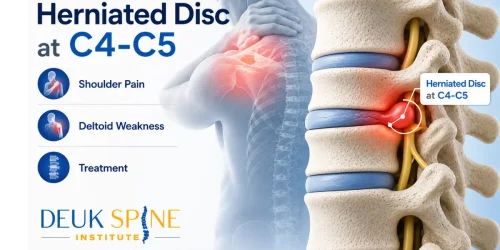Medical illustration of a C4-C5 herniated disc compressing a cervical nerve, highlighting common symptoms such as shoulder pain and deltoid muscle weakness.