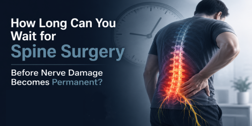 Man with highlighted spine holds back, text asks about delay in spine surgery and nerve damage.