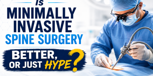 Surgeon performing minimally invasive spine surgery, text questions its effectiveness.
