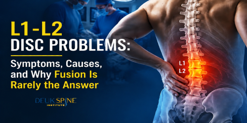 X-ray illustration of a spine highlighting L1-L2 disc problems with a person holding their lower back in pain.