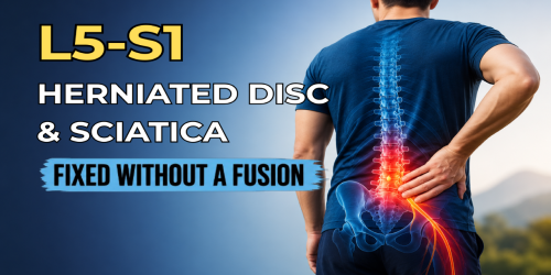 Image of a man with back pain showing a highlighted spine, with text about fixing L5-S1 herniated disc and sciatica without fusion.