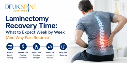 Person holding their lower back with a highlighted lumbar spine, illustrating the week-by-week recovery timeline after a laminectomy and reasons why pain may return during healing.