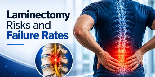 Image of a person with a highlighted spine holding their lower back, with text "Laminectomy Risks and Failure Rates.