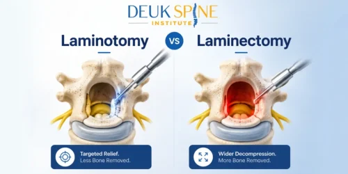 Medical illustration comparing laminotomy and laminectomy procedures, highlighting targeted bone removal in laminotomy versus wider decompression during laminectomy for spinal stenosis or nerve compression.