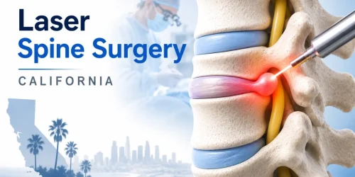 Illustration of laser spine surgery with a highlighted herniated disc and text "Laser Spine Surgery California.
