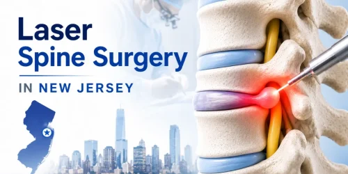 Illustration of laser spine surgery on a vertebral disc with New Jersey map and city skyline.